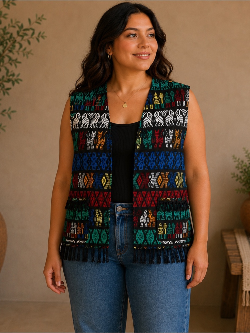 VTG Hand Woven Mexican Guatamalan Mayan Aztec Animal Embroidered Vest Sz SM-MD